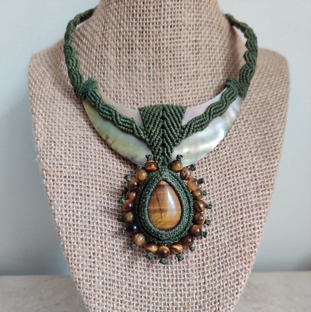 OOAK Artisan Macrame Necklace with Genuine Mother of Pearl and Tiger Eye Stones